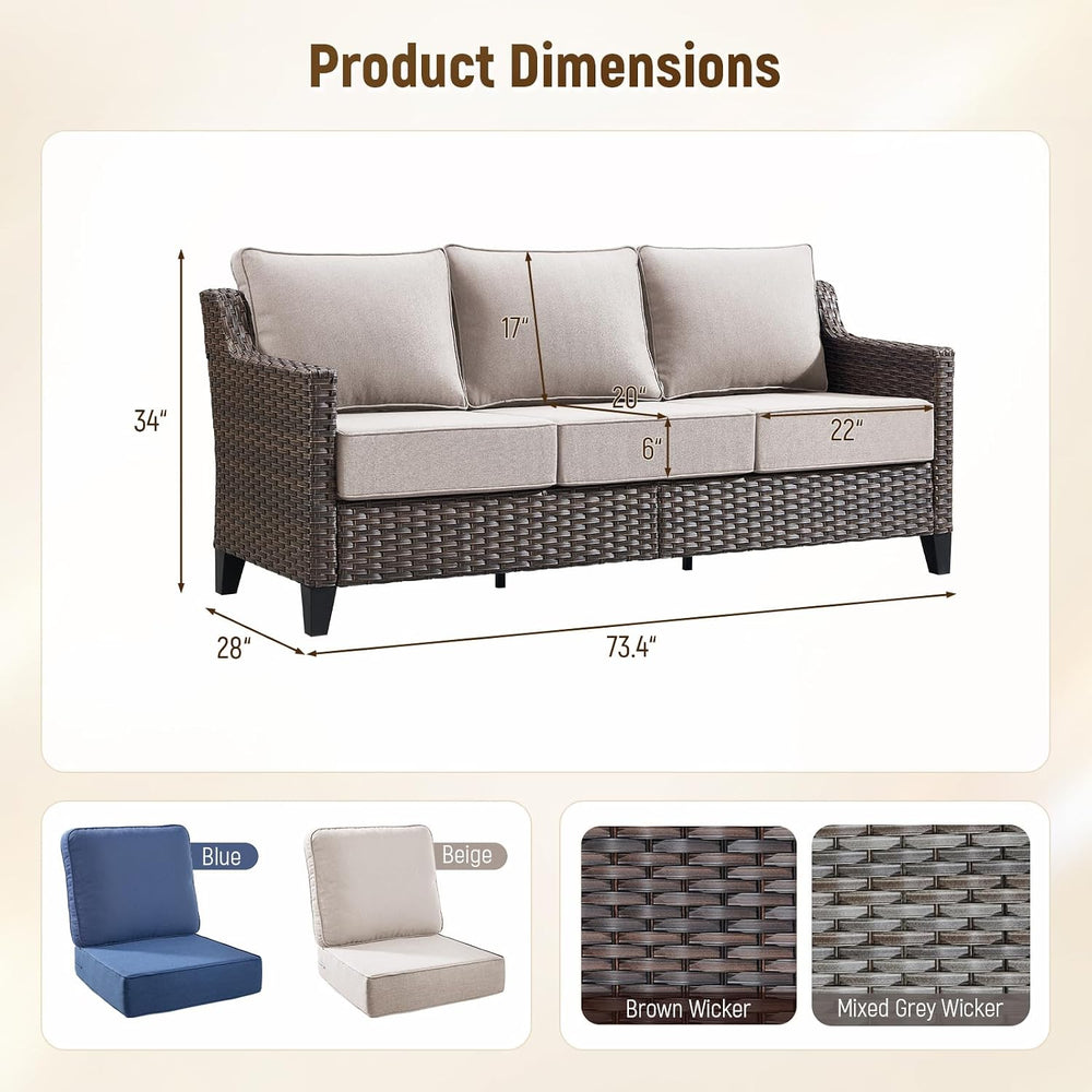 Luxury 6" Thick Cushioned 3-Seat Outdoor Patio Sofa