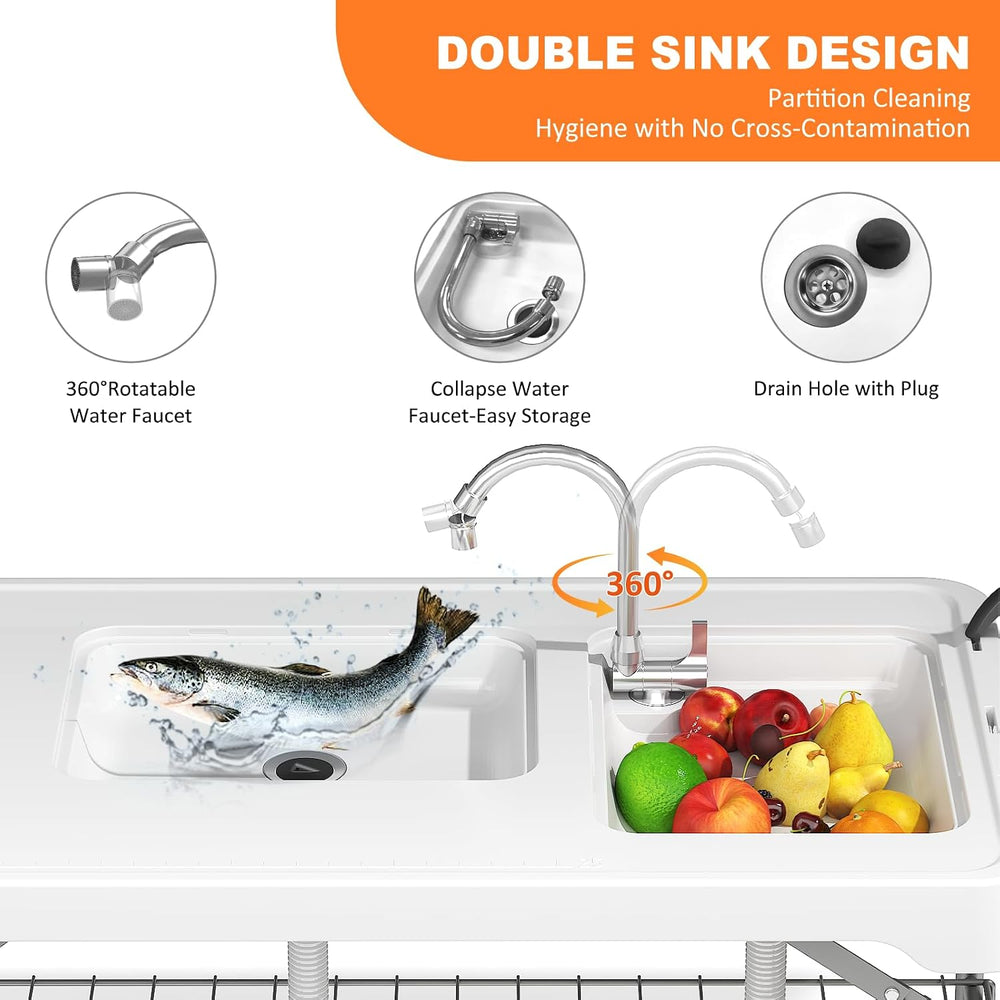 Folding Fish Cleaning Table with 2 Sinks, 42.5'' Portable Camping Sin...