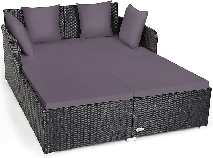 COSTWAY Outdoor Patio Rattan Daybed, Sponge Cushioned Loveseat Sofa with 4 Pi...