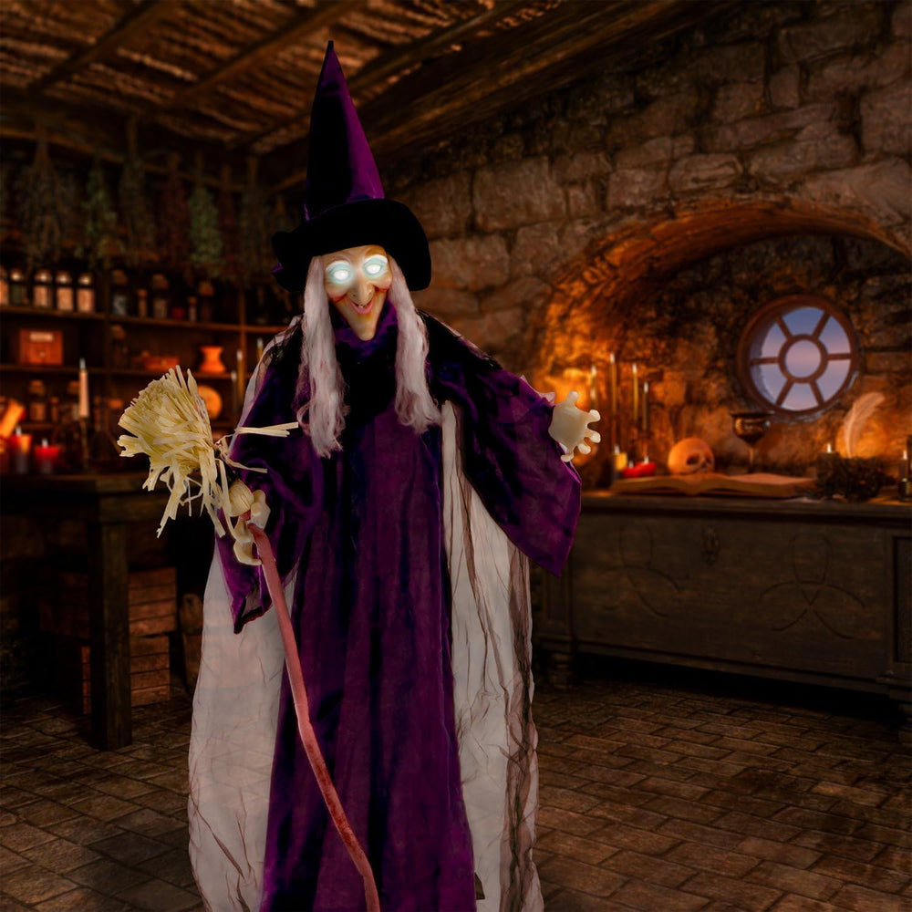 Haunted Hill Farm Life-Size Scary Talking Witch with Broomstick, Halloween An...