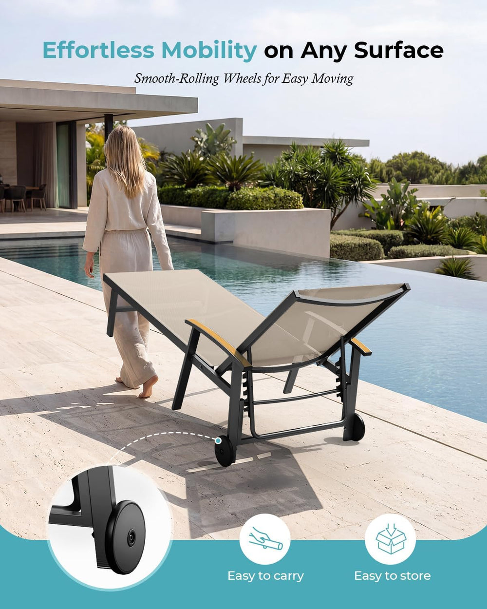 Ciokea Outdoor Lounge Chair with Pillow, 5-Position Aluminum Chaise Lounge wi...