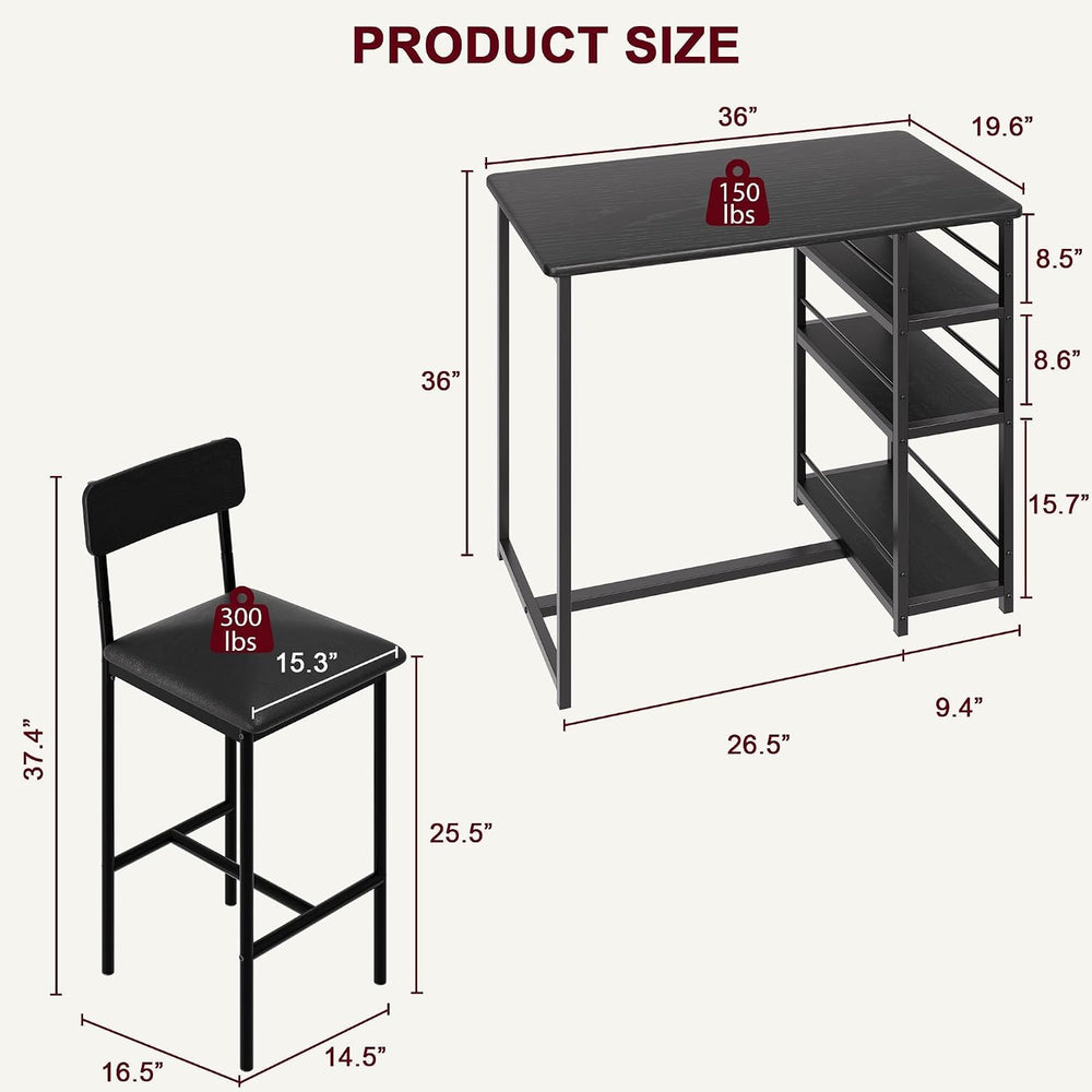 Bar Table and Chair Set with 3 Shelves, 2 Upholstered Stools, Black