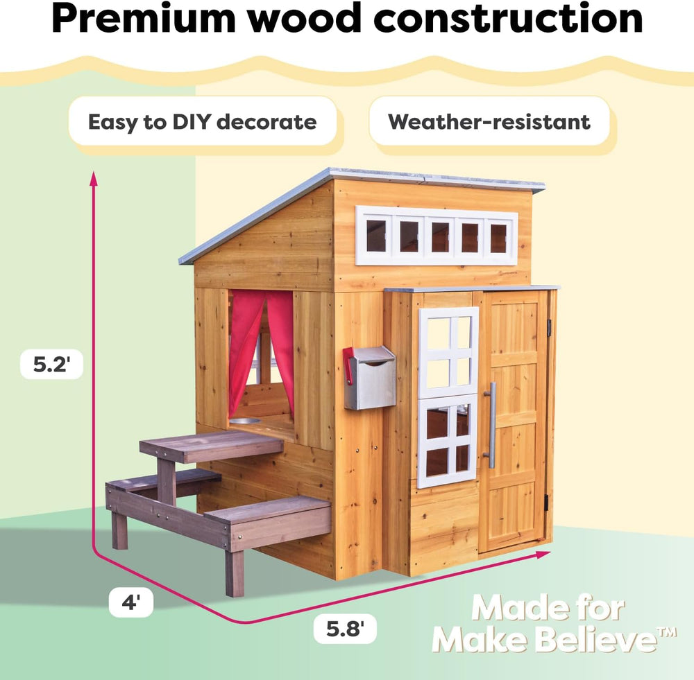 KidKraft Modern Outdoor Wooden Playhouse with Picnic Table, Mailbox and Outdo...