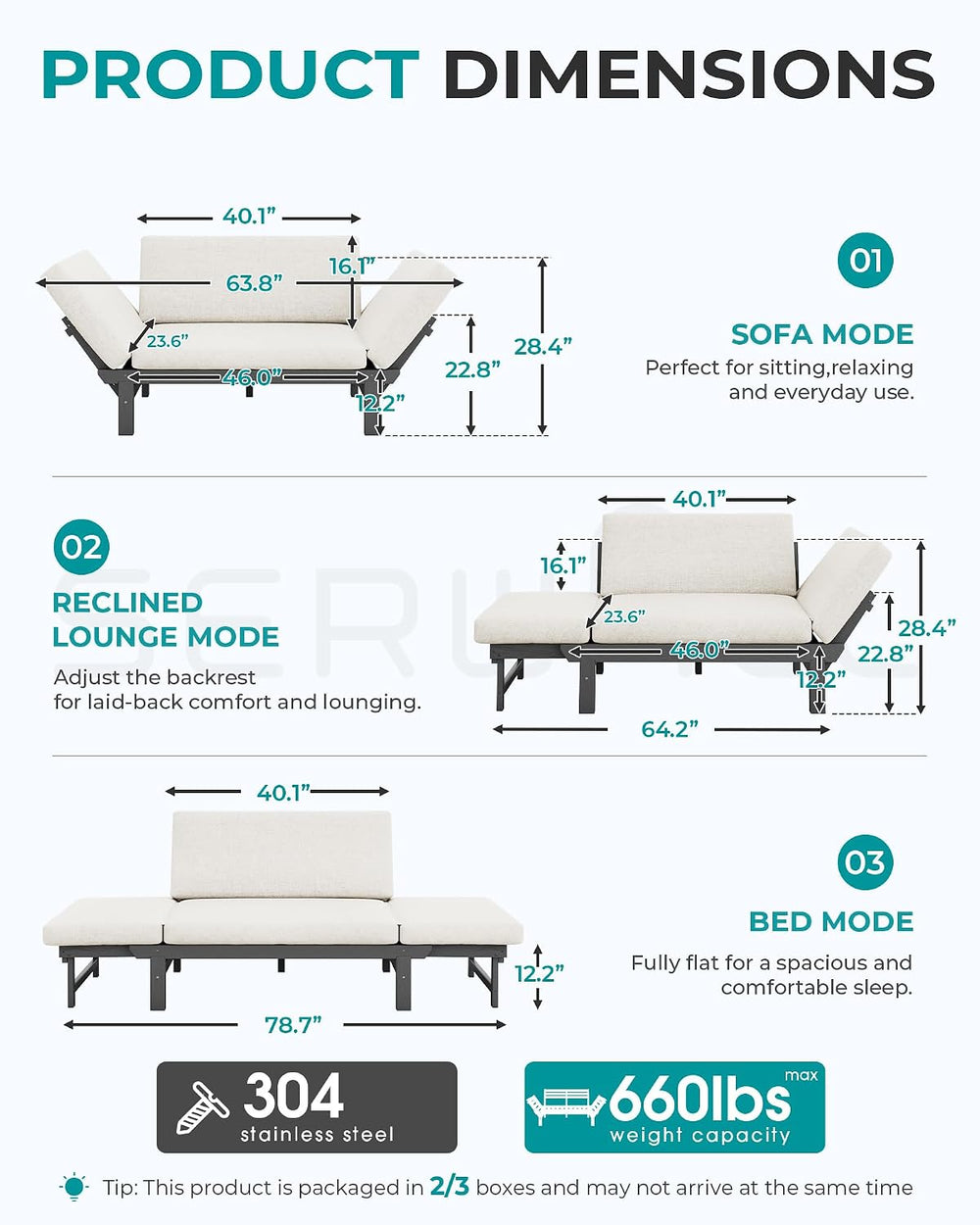 SERWALL HDPE 4-in-1 Convertible Outdoor Sofa with Adjustable Armrests, Couch ...