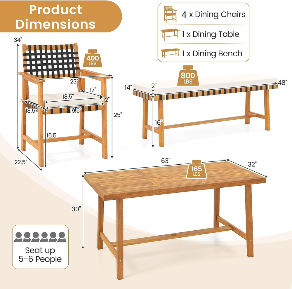 Tangkula 6 Piece Patio Dining Set for 5-6 People, 63” Outdoor Acacia Wood Tab...