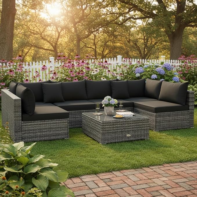 Tangkula 7 Pieces Patio Rattan Furniture Set, Patiojoy Outdoor Conversation S...