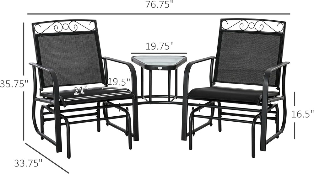 Outsunny Outdoor Glider Chairs with Coffee Table Patio 2-Seat Black