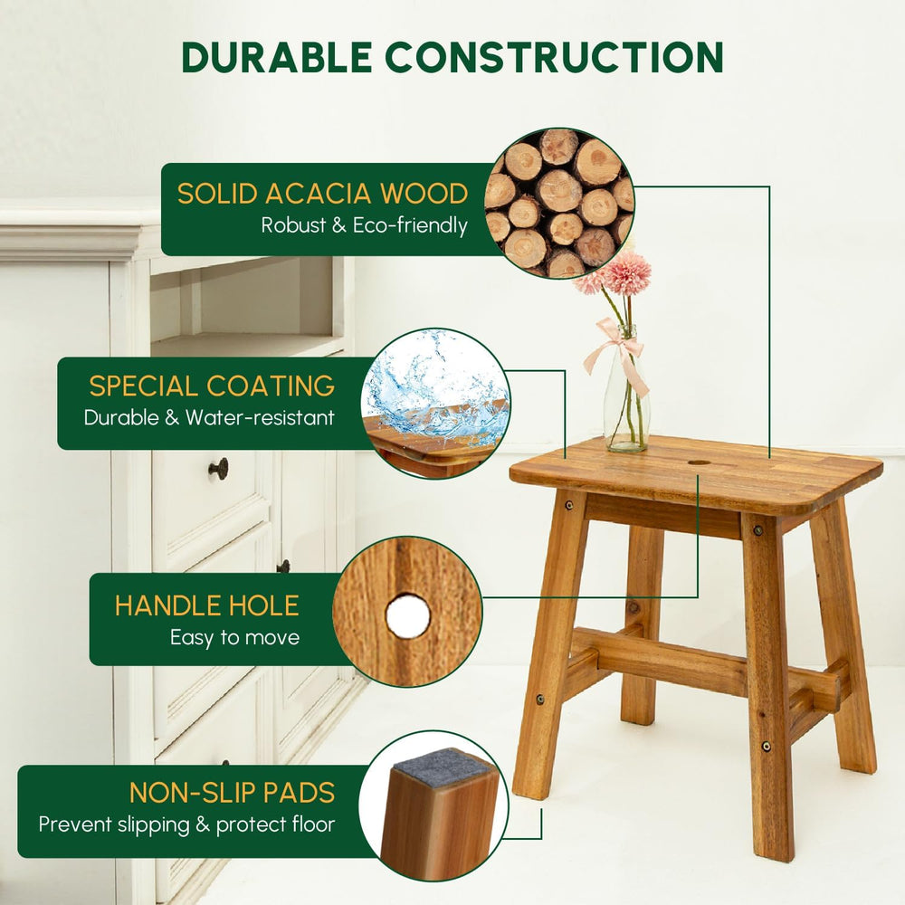 18-Inch Rectangular Acacia Wood Stool, Small Bench, Natural Wood