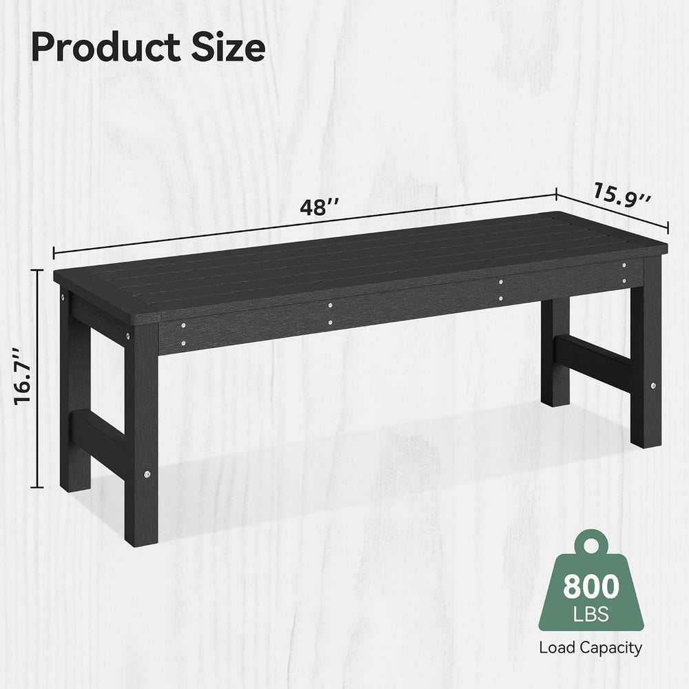 48" HDPE Outdoor Bench, 2-Person Backless Garden Bench, Black
