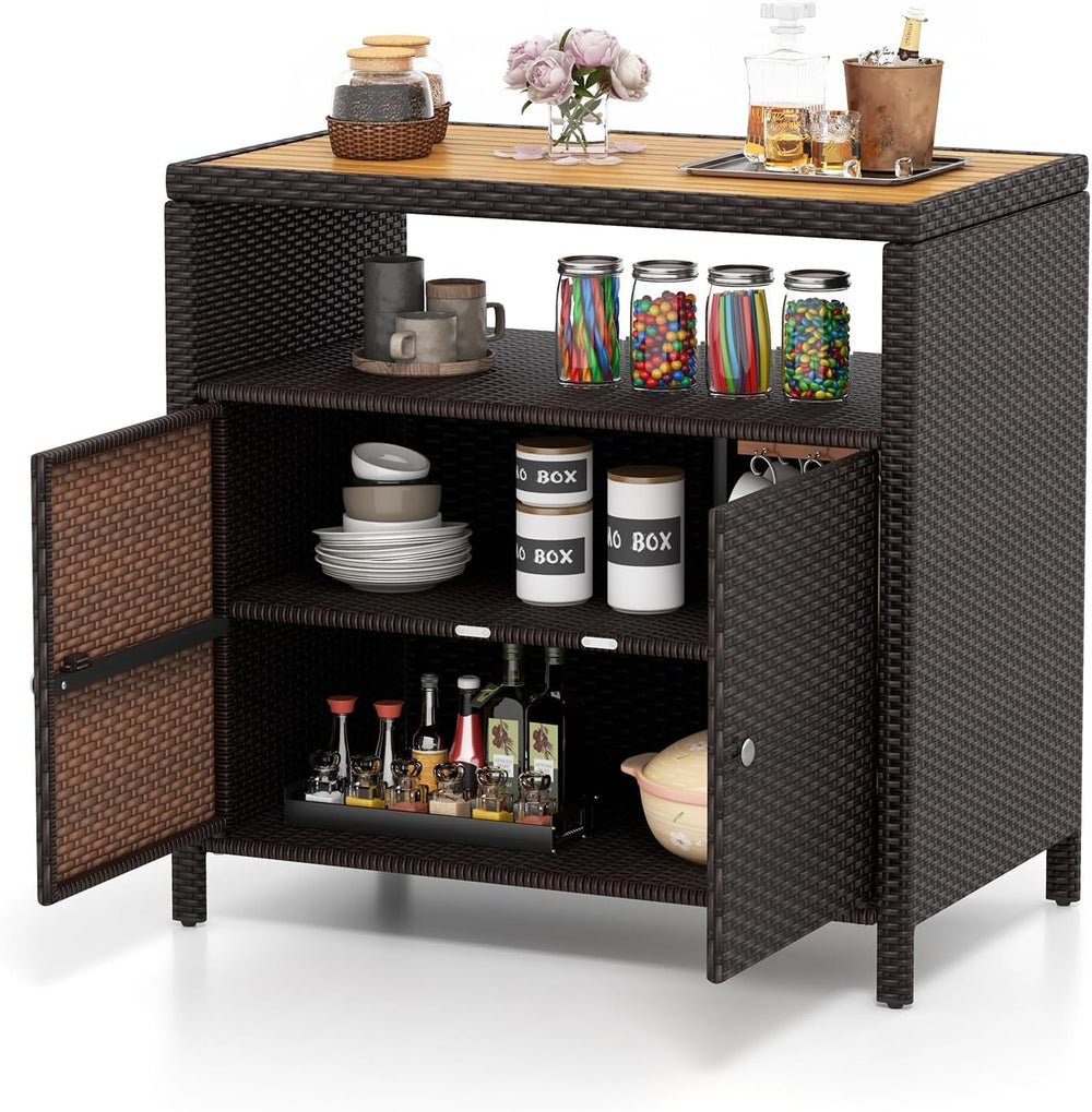 Tangkula Rattan Outdoor Storage Cabinet, Patiojoy Outdoor Cabinet with Acacia...