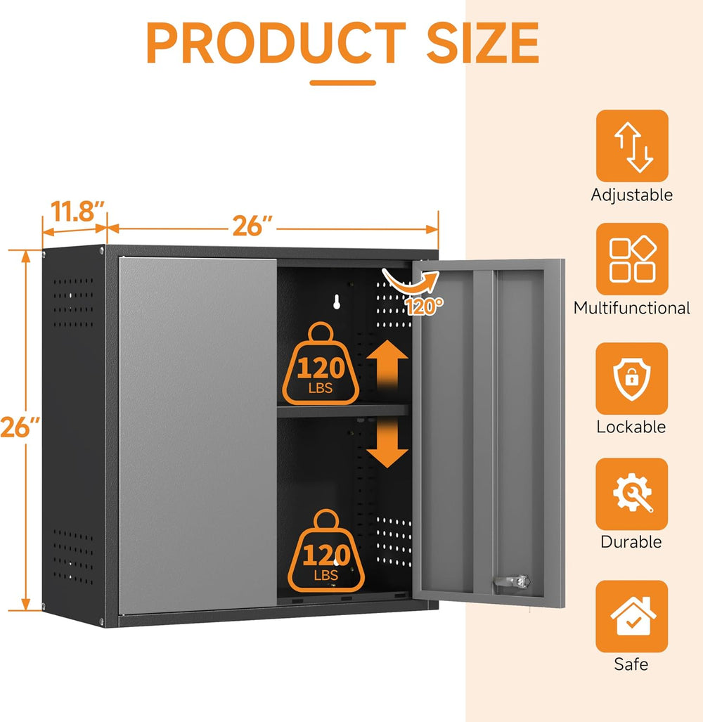 Metal Garage Wall Cabinet with 2 Doors and 1 Adjustable Shelf,Lockable Floati...