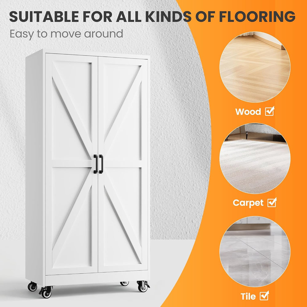 72" Tall Wheeled Garage Storage Cabinet, Rolling White Tool Cabinets.