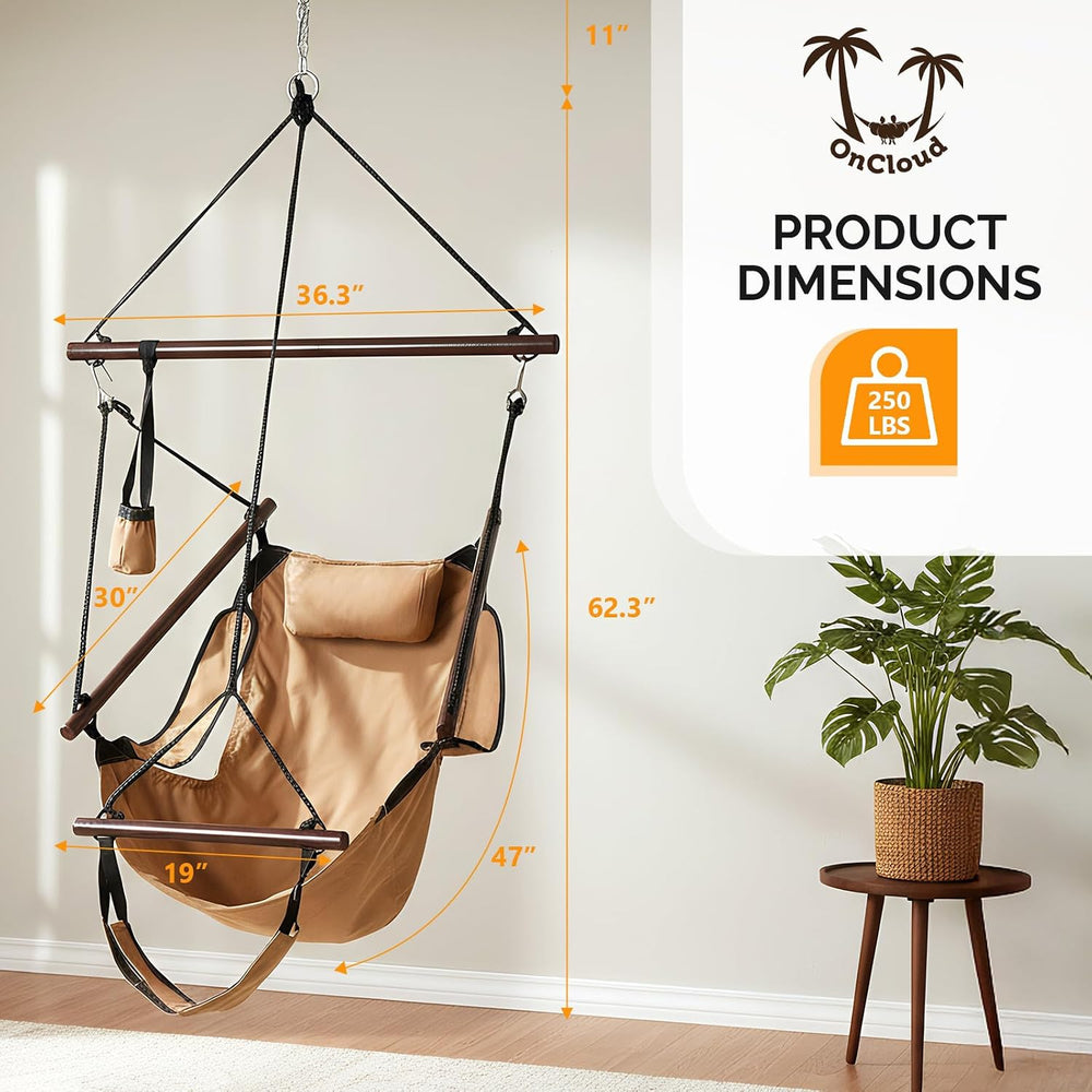 Upgraded Unique Hammock Hanging Sky Chair, Air Deluxe Swing Seat with Rope (Tan)