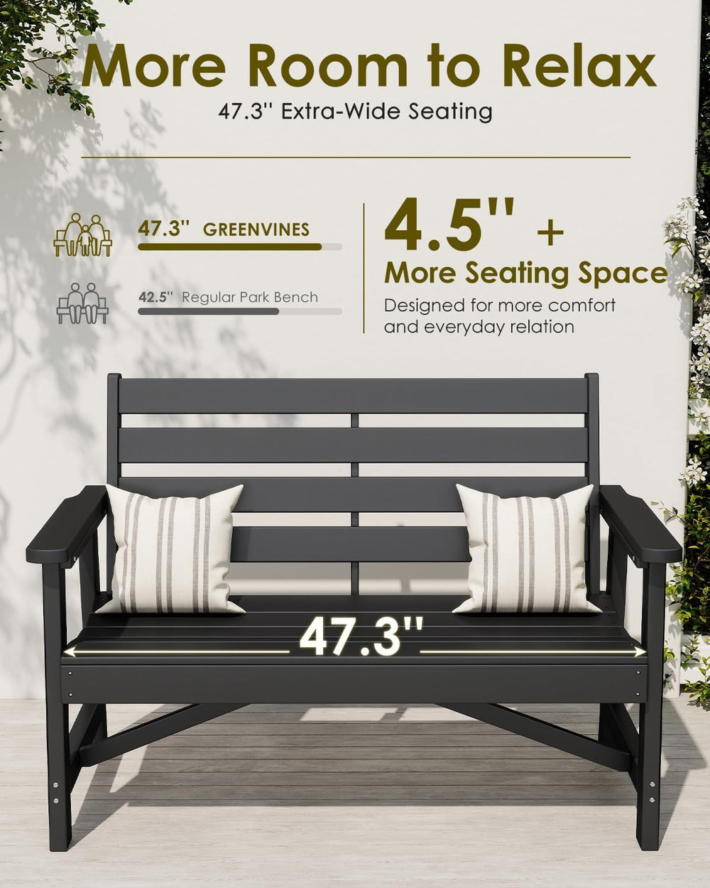 GREENVINES Outdoor Bench, 2-Person HDPE Garden Benches, Black
