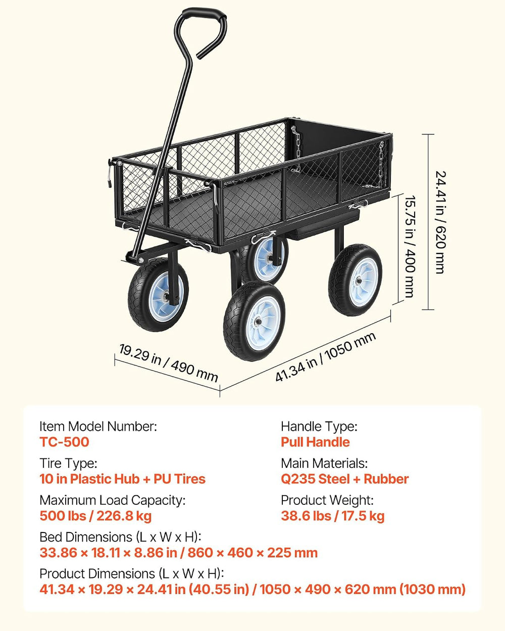 VEVOR 500 LBS Steel Garden Cart with Work Seat, Heavy Duty Garden Wagon Cart ...