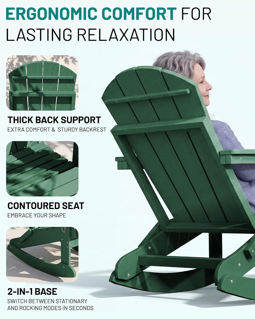 PLUUV Folding Adirondack Rocking Chair with Retractable Ottoman, Green