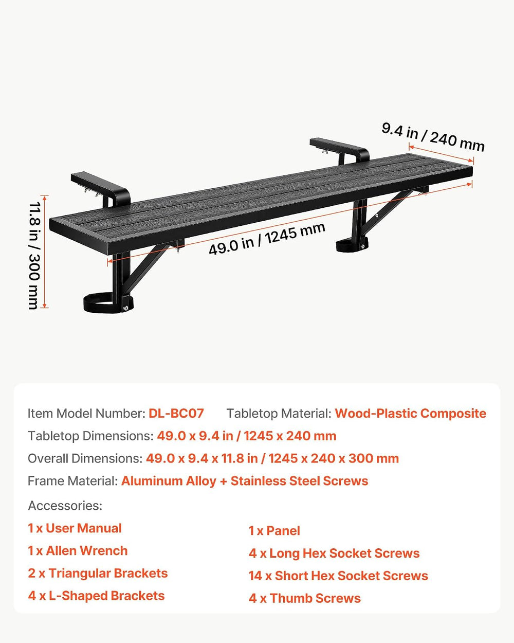 VEVOR Balcony Hanging Table 49" x 9.4" 60 lbs Balcony Railing Bar T...