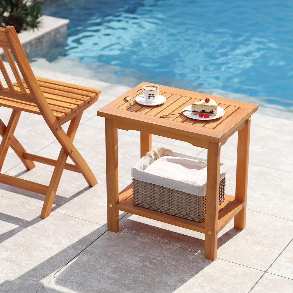 Tangkula Outdoor Side Table, 2-Tier Patio End Table with Slatted Tabletop &am...