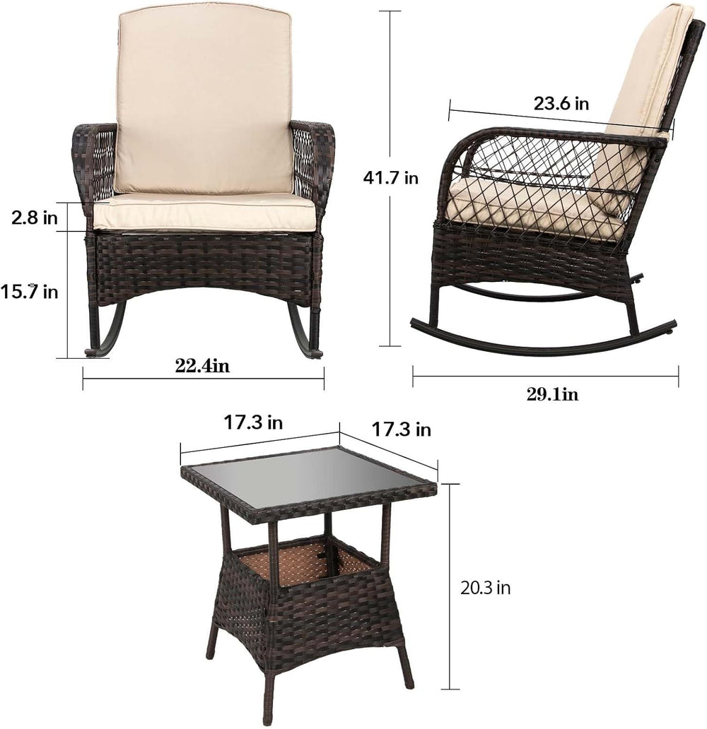 LEVELEVE 3 pcs Rocking Bistro Set Conversation Chairs PE Wicker Outdoor Rocki...