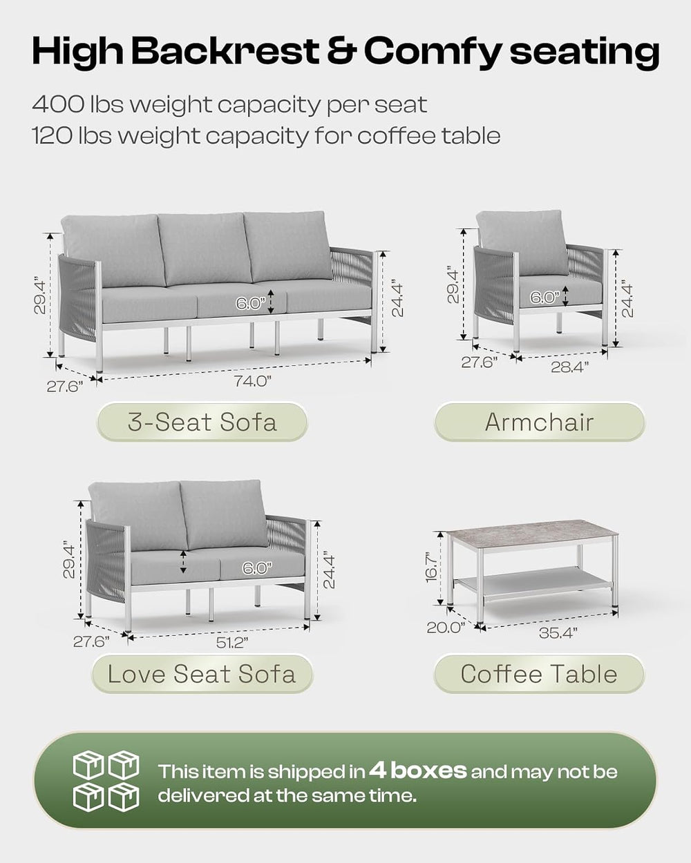 Aluminum Outdoor Patio Furniture Set with Dual-Layer Coffee Table, 5 Piece Mo...