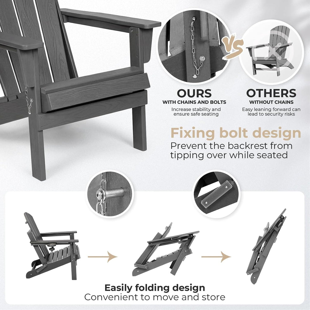 HDPE Adirondack Chair, Folding Outdoor Patio Chair with Cup Holder, Weather R...