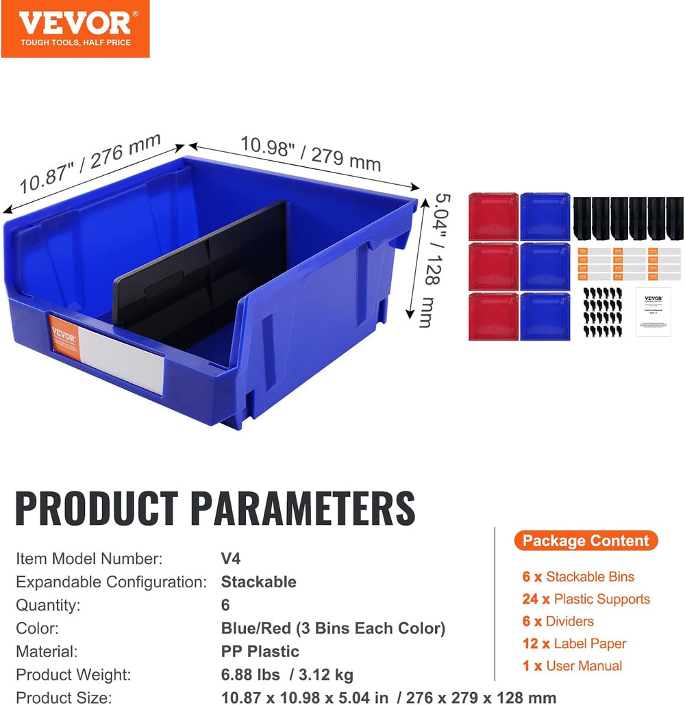 VEVOR Plastic Storage Bins 6 Pack (11 x 11 x 5-Inch), Hanging Stackable Stora...