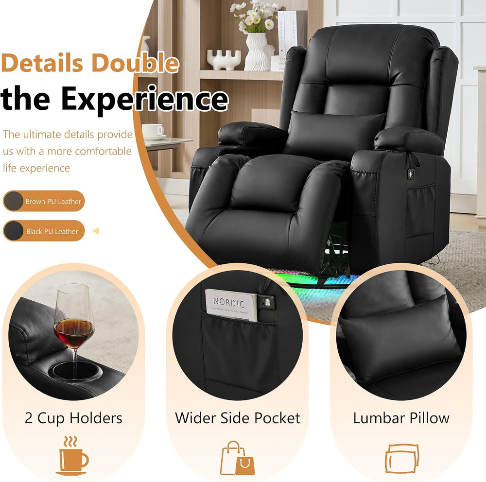 URRED Swivel Rocker Recliner Chair with LED Ambient Lights for Adults,Black