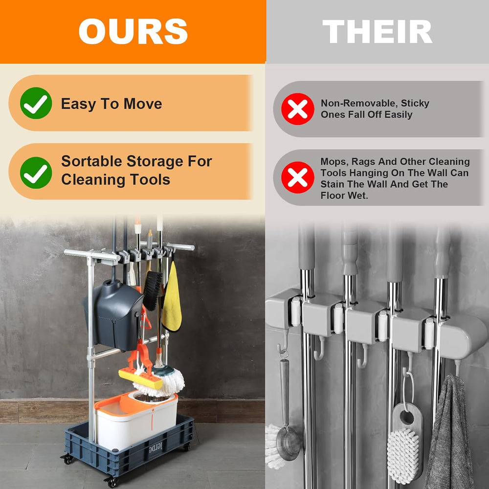 Mobile Mop and Broom Holder,Efficient Storage Solution for Cleaning Tools Kee...
