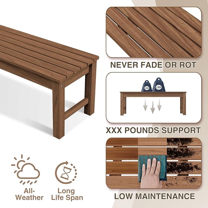 Psilvam 2-Person Outdoor Poly Lumber Patio Backless Bench, Fade-Resistant &am...