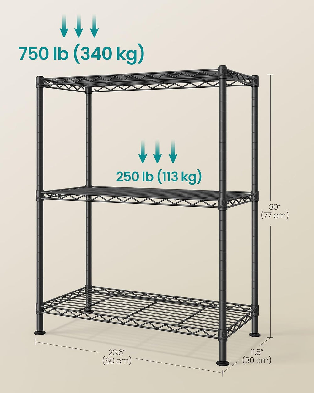 SONGMICS 3-Tier Storage Shelves, Adjustable Wire Shelving Unit, 8 Hooks