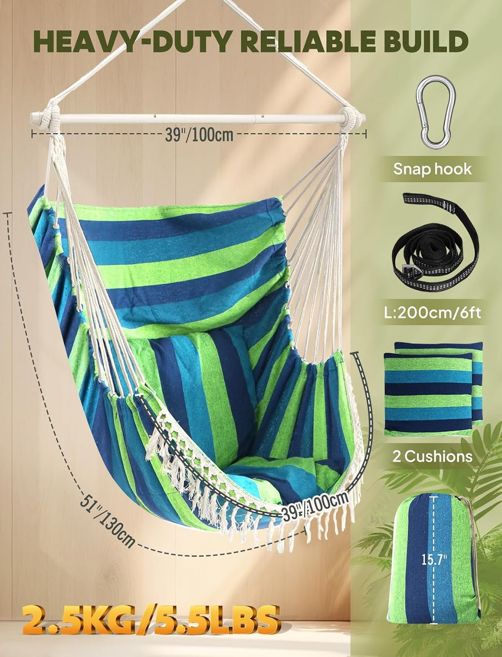 Chihee Hammock Chair Max 500 Lbs 2 Cushions Spreader Bar Strap Carabiner