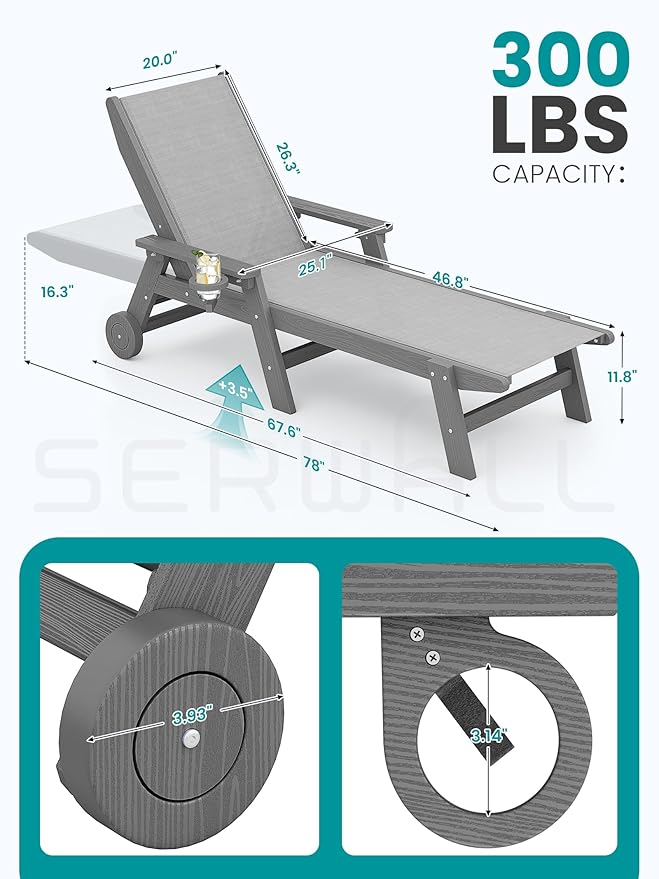 SERWALL Patio Chaise Lounge Chair, 5 Positions Outdoor Lounger for Pool, Text...