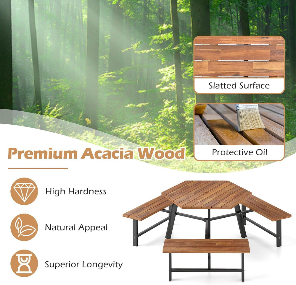 GIANTEX Picnic Table Bench Set for 6, Acacia Wood Outdoor Dining Table Set wi...