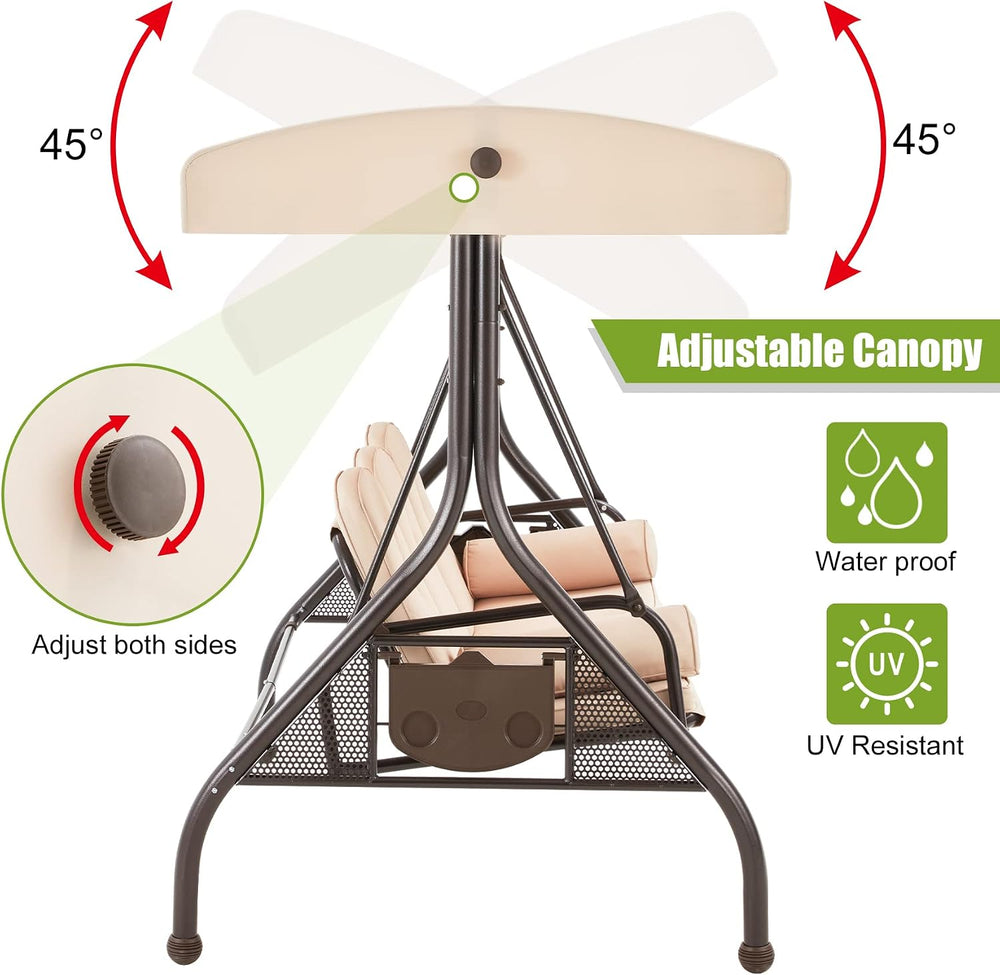 3-Seat Porch Swing with Adjustable Canopy, Patio Swing with Stand