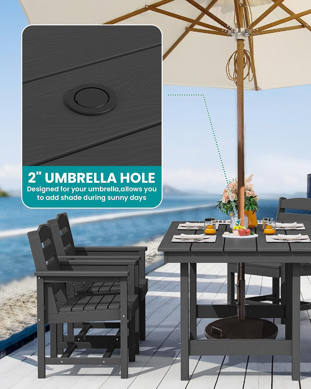 SERWALL 7 Pcs Outdoor Dining Set, 67" HDPE Dining Set for 6, Black
