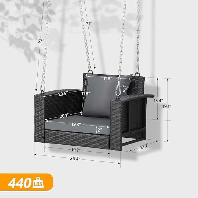 VINGLI 2.2 FT 1-Person Use Rattan Porch Swing Outdoor Support 440 LBS with Cu...