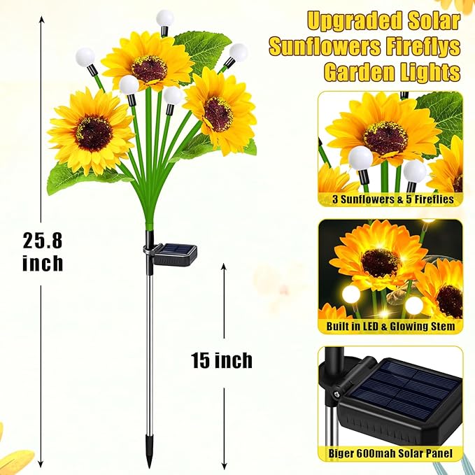 Solar Lights Outdoor Garden Decor,4 Pack Sunflower with Firefly Lights,Solar ...