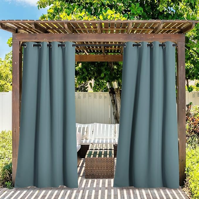 NICETOWN 2 Panels Greyish Blue Outdoor Curtains for Patio Waterproof, Stainle...