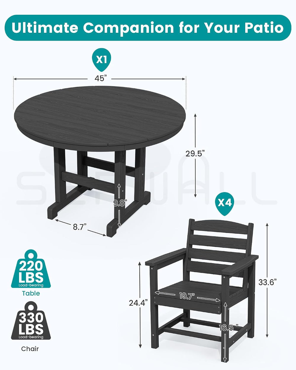SERWALL 6-Pc Dining Set, 45" Table, 4 Chairs&9FT Umbrella, Black (No...
