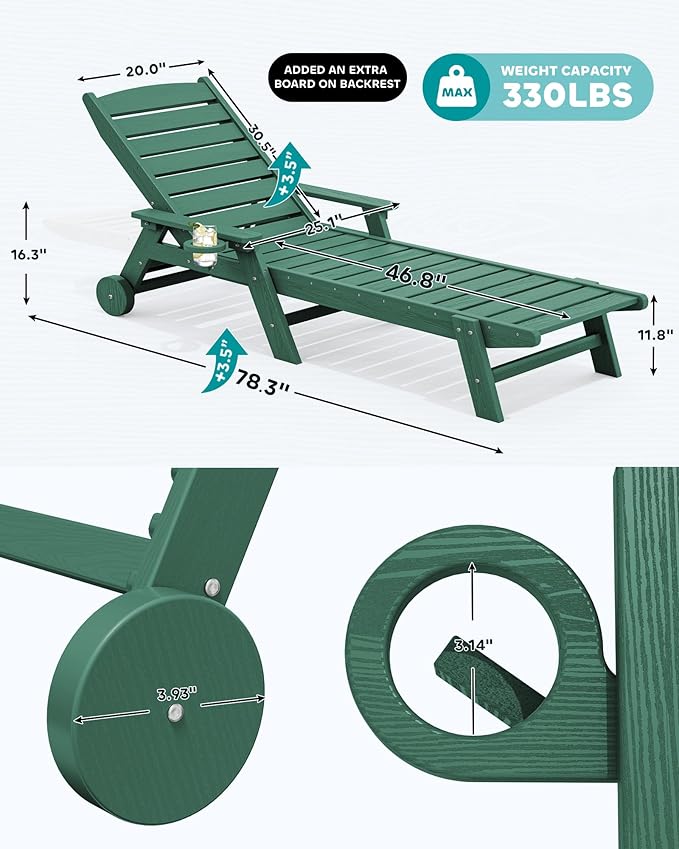 SERWALL Patio Chaise Lounge Chair Set of 2, 78'' Long 5-Positions Adj...
