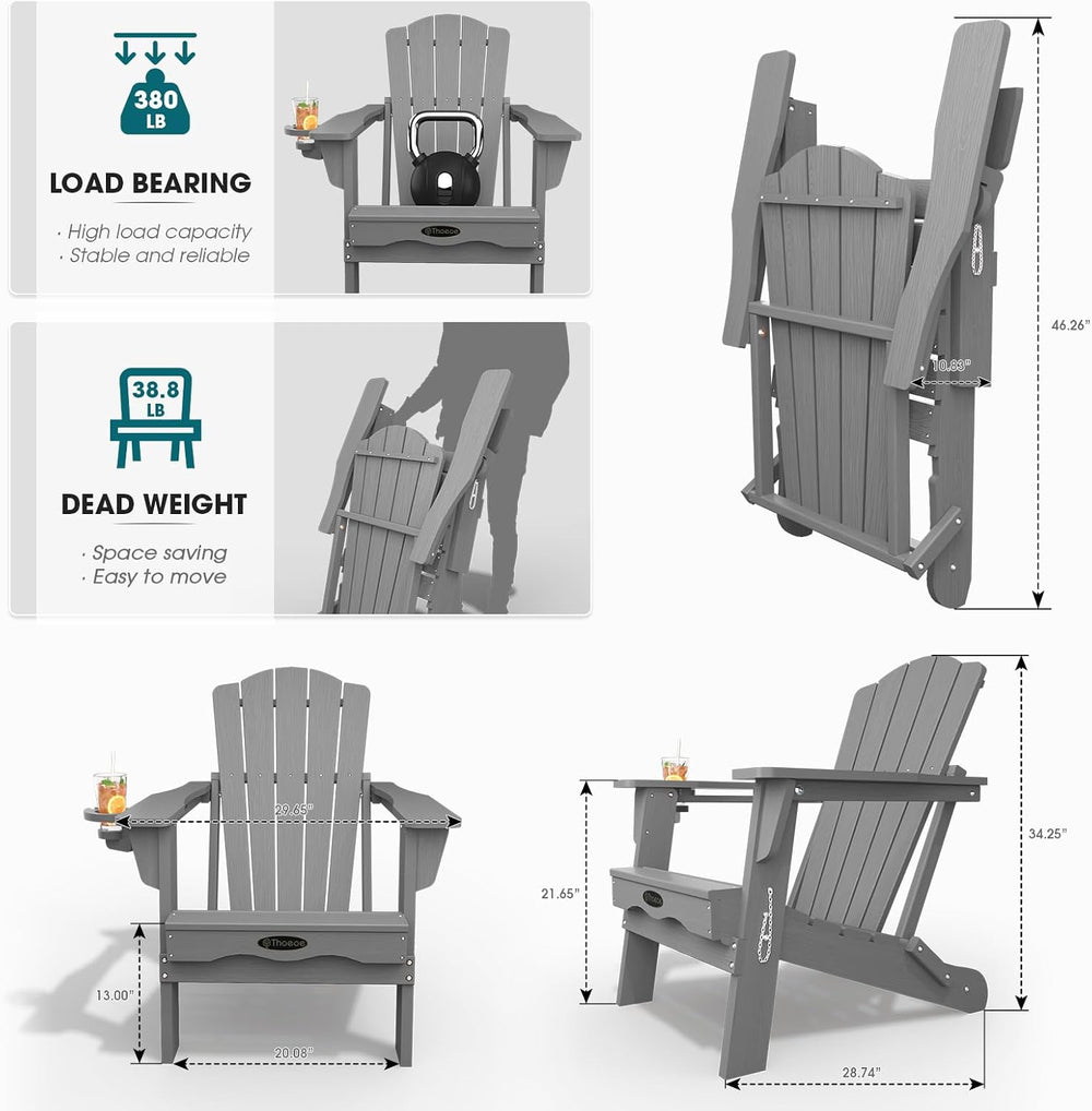 THOEOE Folding Adirondack Chair, All-Weather Fire Pit Chair with Cup Holder