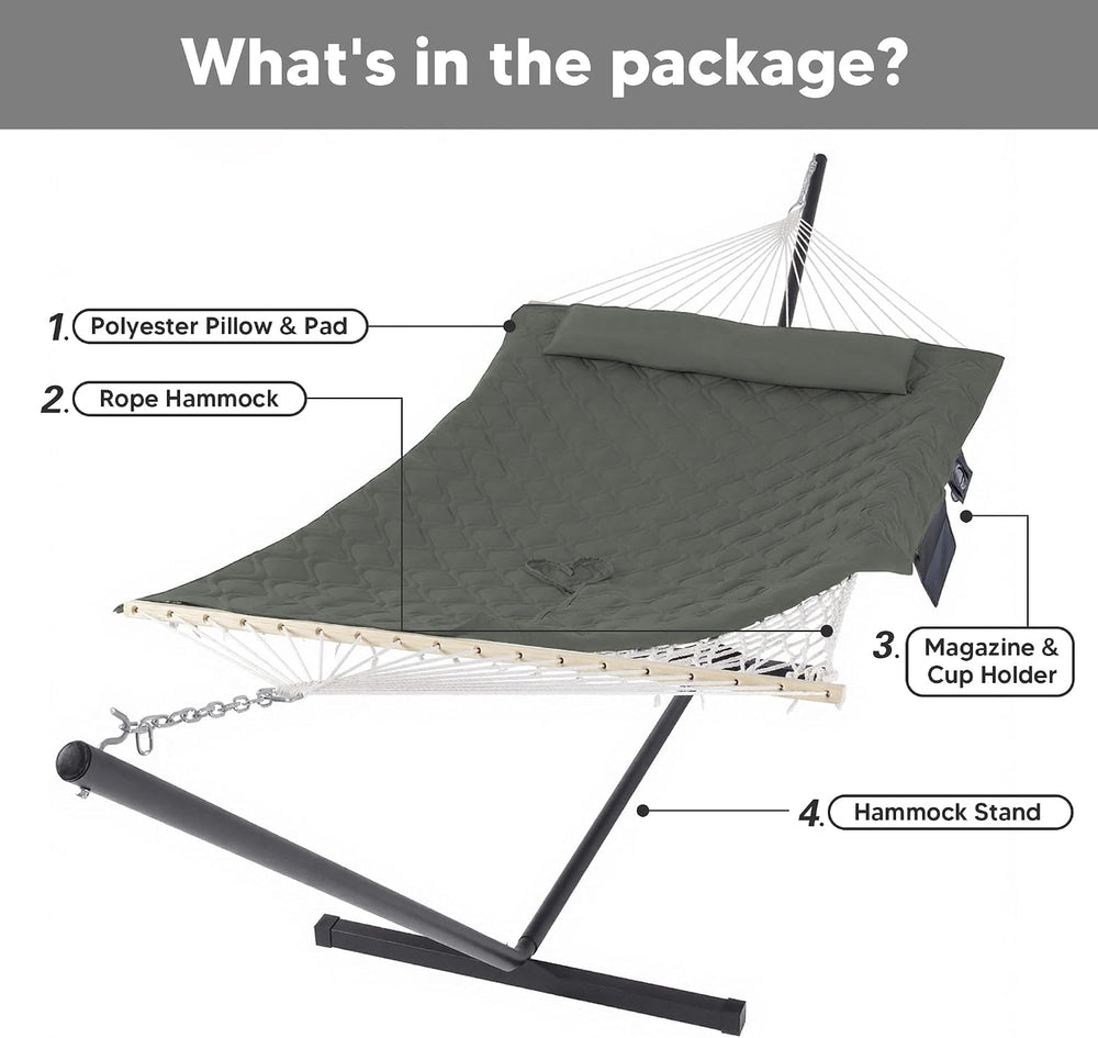 SUNCREAT Patio Portable Hammock with Stand, Carrying Bag, Gray Green Drops