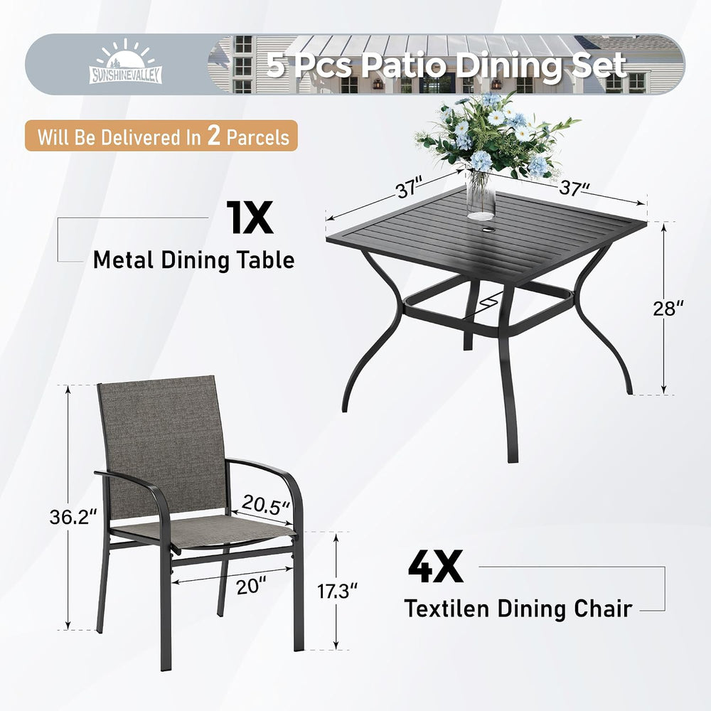 SUNSHINE VALLEY 5pc Patio Dining Set, 37" Square Table & 4 Brown Chairs