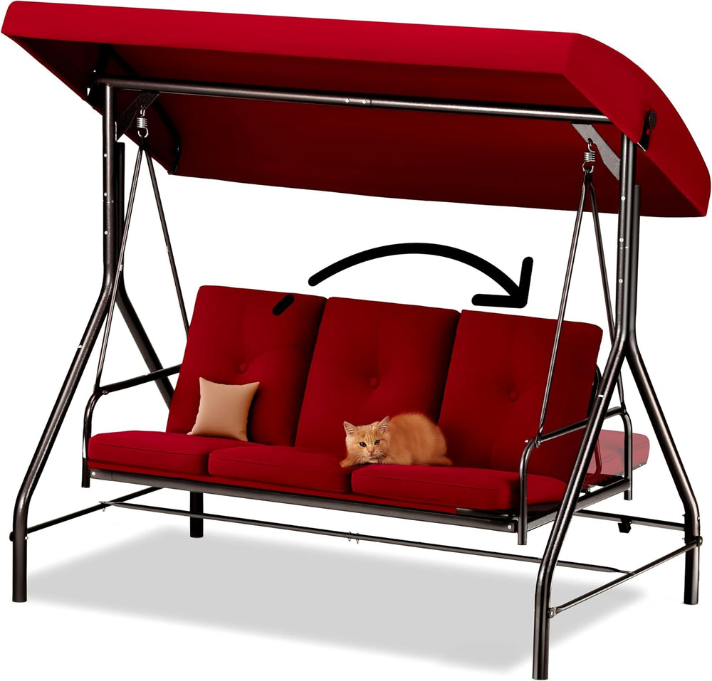 3 Seat Outdoor Patio Swing with Canopy, Convertible Glider Bed, Cushions