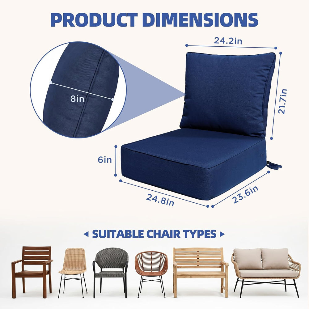 6 Inch Thick Outdoor Chair Cushions Set of 2, Waterproof, Blue