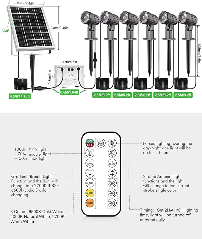 CLY 6 in 1 Solar Spotlights Landscape Outdoor Garden, Solar Spotlights IP66 W...