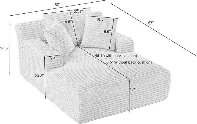 67 Inch Chaise Lounge Chair Indoor, Oversized Corduroy Upholstered Boneless S...