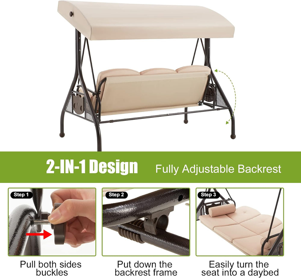 3-Seat Porch Swing with Adjustable Canopy, Patio Swing with Stand