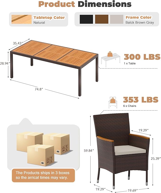 Flamaker 9 Piece Patio Dining Set Outdoor Acacia Wood Table and Chairs with S...