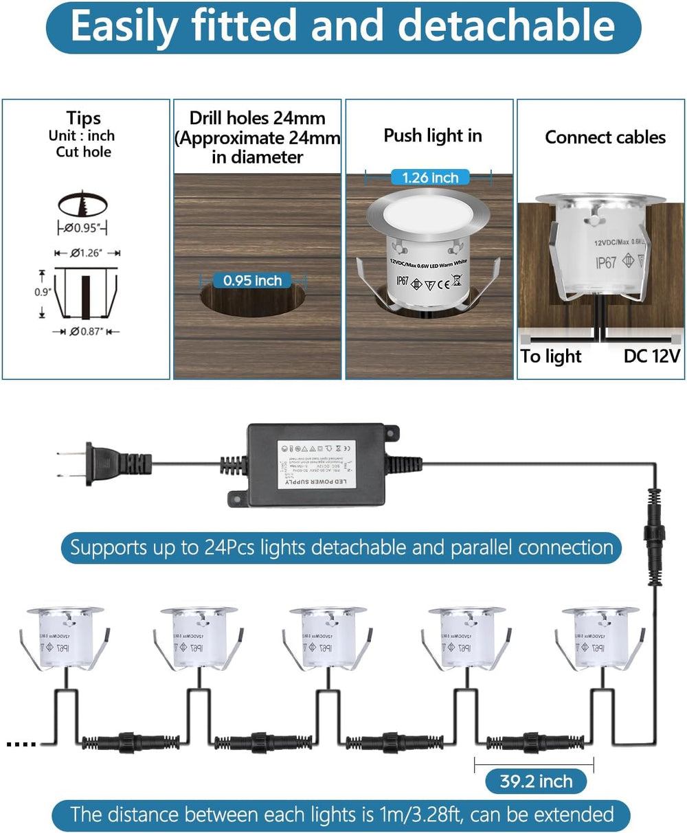 HIBOITEC Recessed LED Deck Light Kits(16Pack), 12V Low Voltage Landscape Ligh...